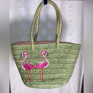 Pink flamingo straw beach bag tote, pink with white polka dot fabric lined